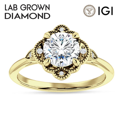 18K Gold IGI Certified Round 1 Carat Lab Grown Diamond Art Deco Floral Beaded Ring