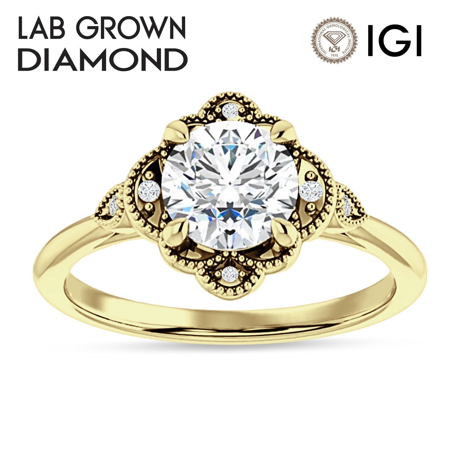 18K Gold IGI Certified Round 3 Carat Lab Grown Diamond Art Deco Floral Beaded Ring