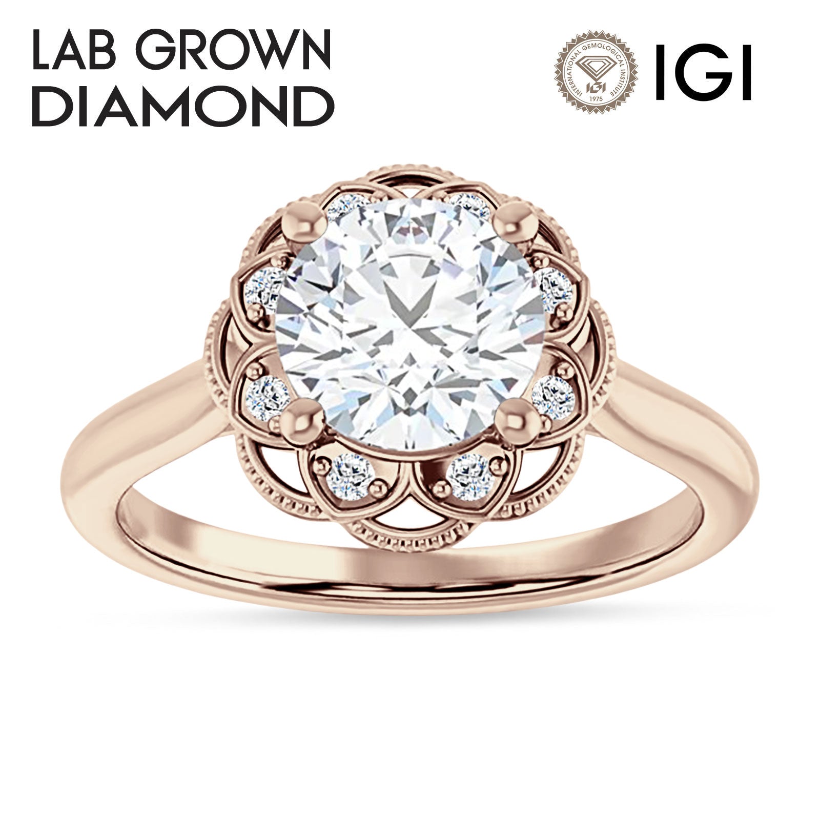 14K Gold IGI Certified Round 3 Carat Lab Grown Diamond Art Deco Floral Ring