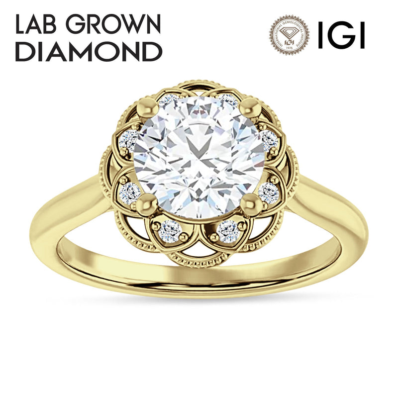 10K Gold IGI Certified Round 2 Carat Lab Grown Diamond Art Deco Floral Ring