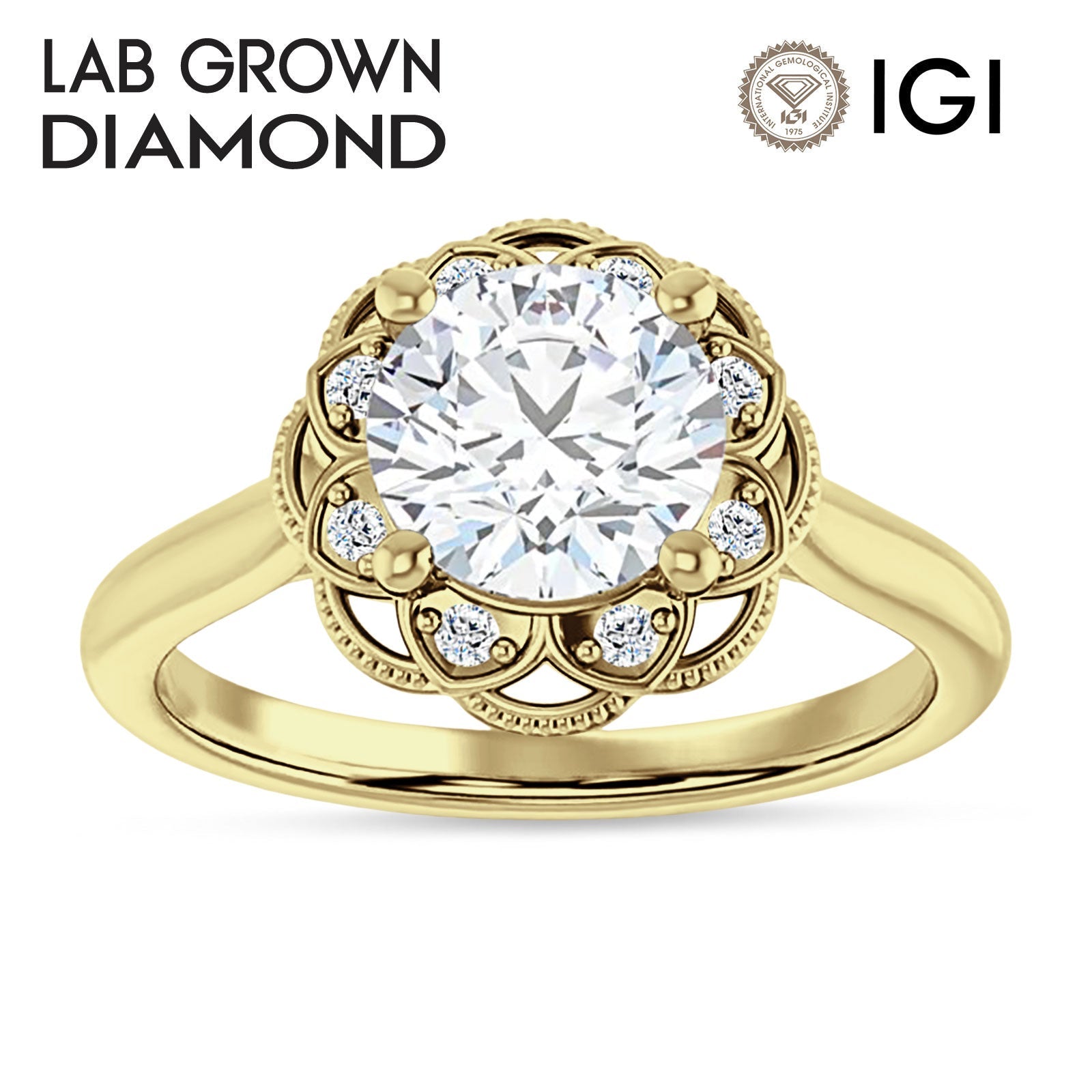 IGI Certified Round 1 Carat Lab Grown Diamond Art Deco Floral Ring