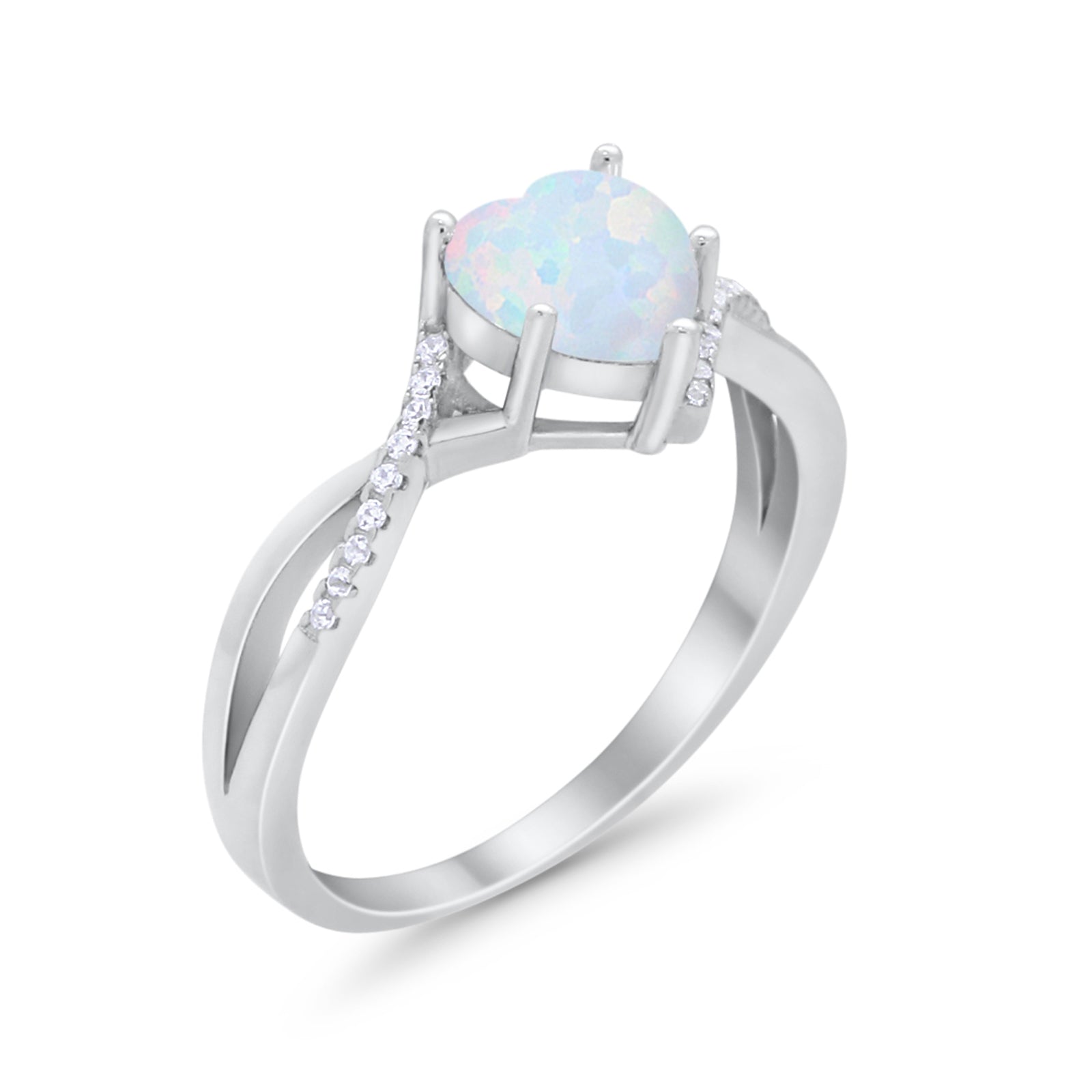 Twisted Heart Shank Promise Ring Lab Created White Opal 925 Sterling Silver