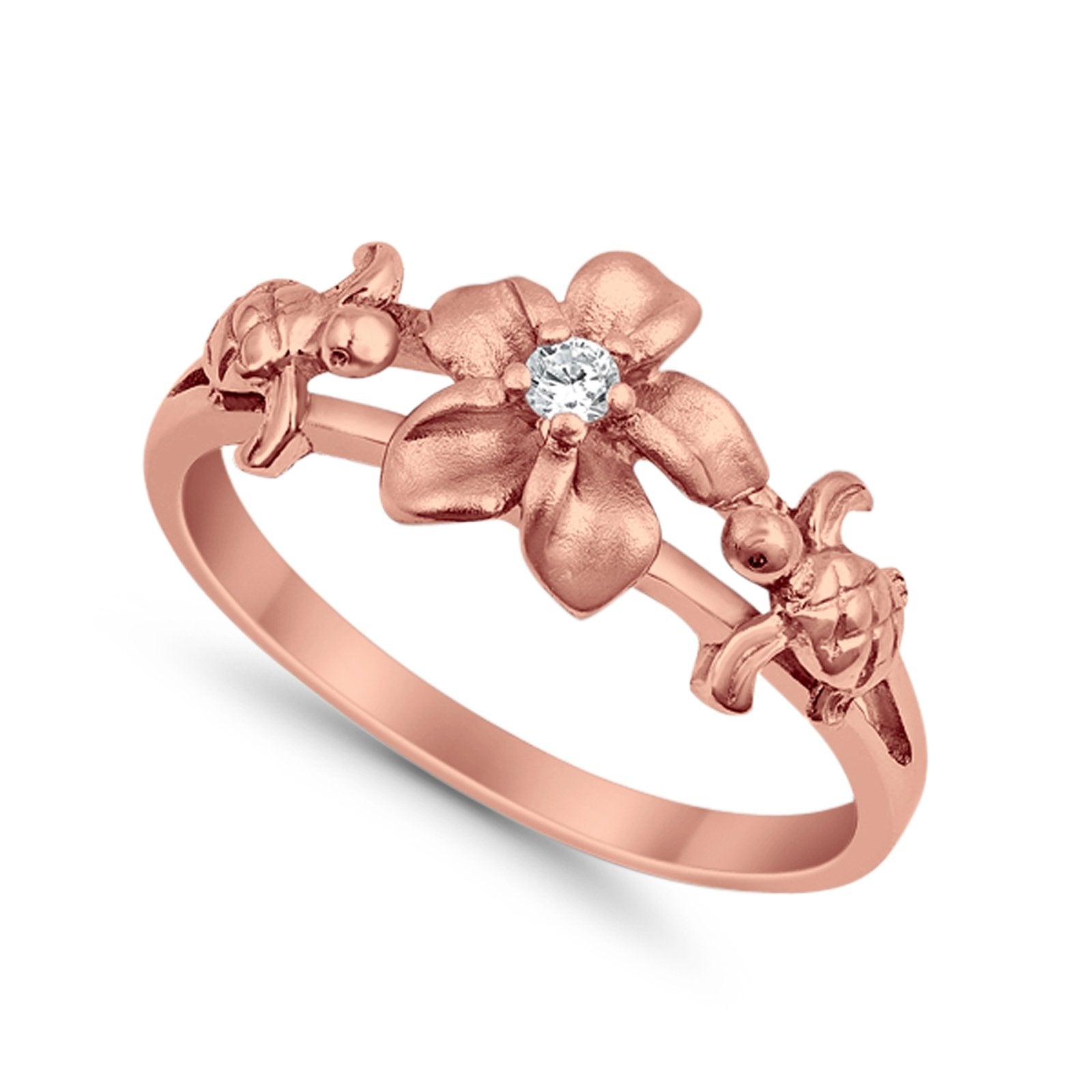 Two Turtle Plumeria Flower Ring Simulated CZ Round 925 Sterling Silver