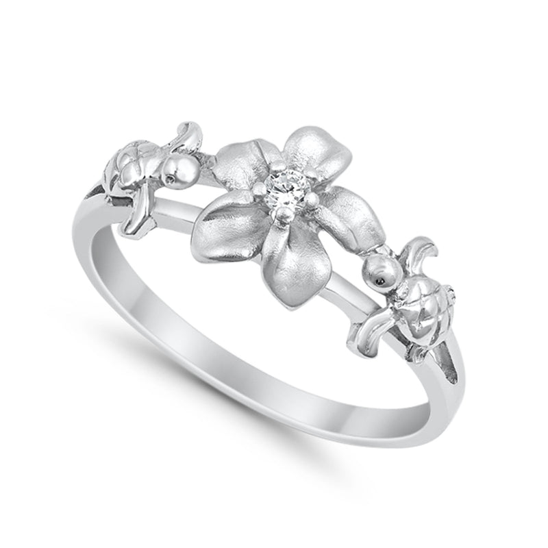 Two Turtle Plumeria Flower Ring Simulated CZ Round 925 Sterling Silver