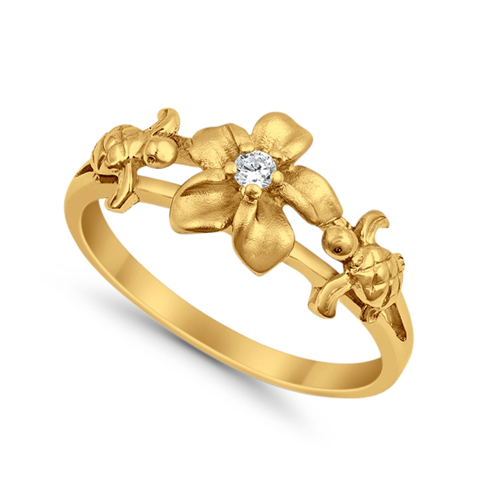 Two Turtle Plumeria Flower Ring Simulated CZ Round 925 Sterling Silver