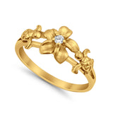 Two Turtle Plumeria Flower Ring Simulated CZ Round 925 Sterling Silver