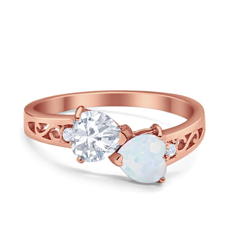 Heart Filigree Ring Round Cubic Zirconia 925 Sterling Silver Created White Opal