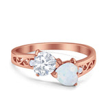 Heart Filigree Ring Round Cubic Zirconia 925 Sterling Silver Created White Opal