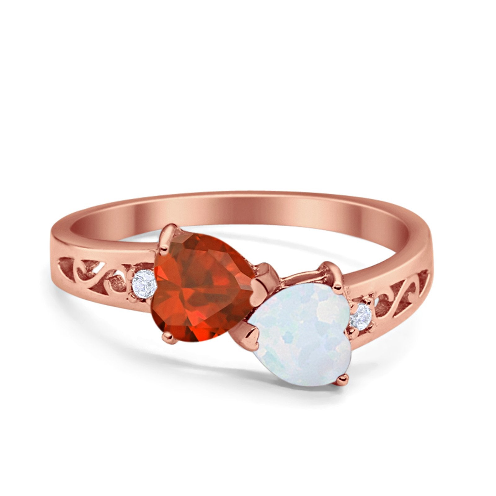 Heart Filigree Ring Round Cubic Zirconia 925 Sterling Silver Created White Opal
