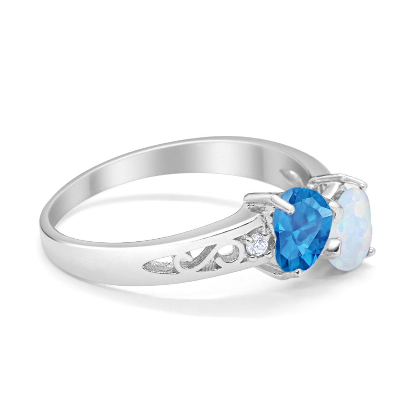 Heart Filigree Ring Round Cubic Zirconia 925 Sterling Silver Created White Opal