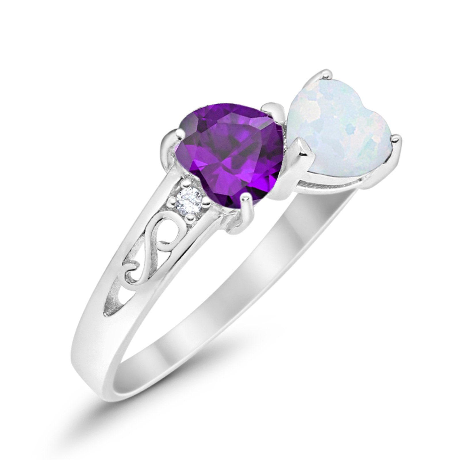 Heart Filigree Ring Round Cubic Zirconia 925 Sterling Silver Created White Opal
