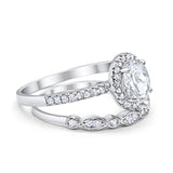 Halo 2-Piece Art Deco Wedding Bridal Set Ring Band Oval Simulated Cubic Zirconia 925 Sterling Silver