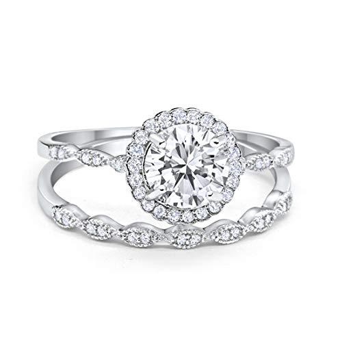 Two Piece Halo Wedding Ring Round Simulated Cubic Zirconia 925 Sterling Silver