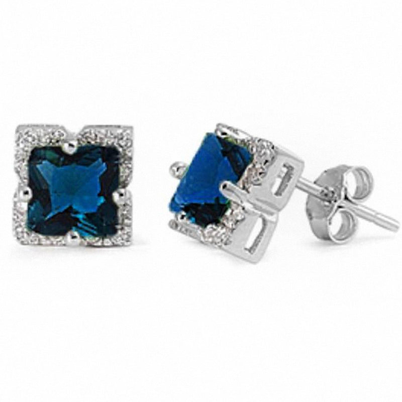 Halo Stud Earrings Princess Cut Simulated CZ 925 Sterling Silver