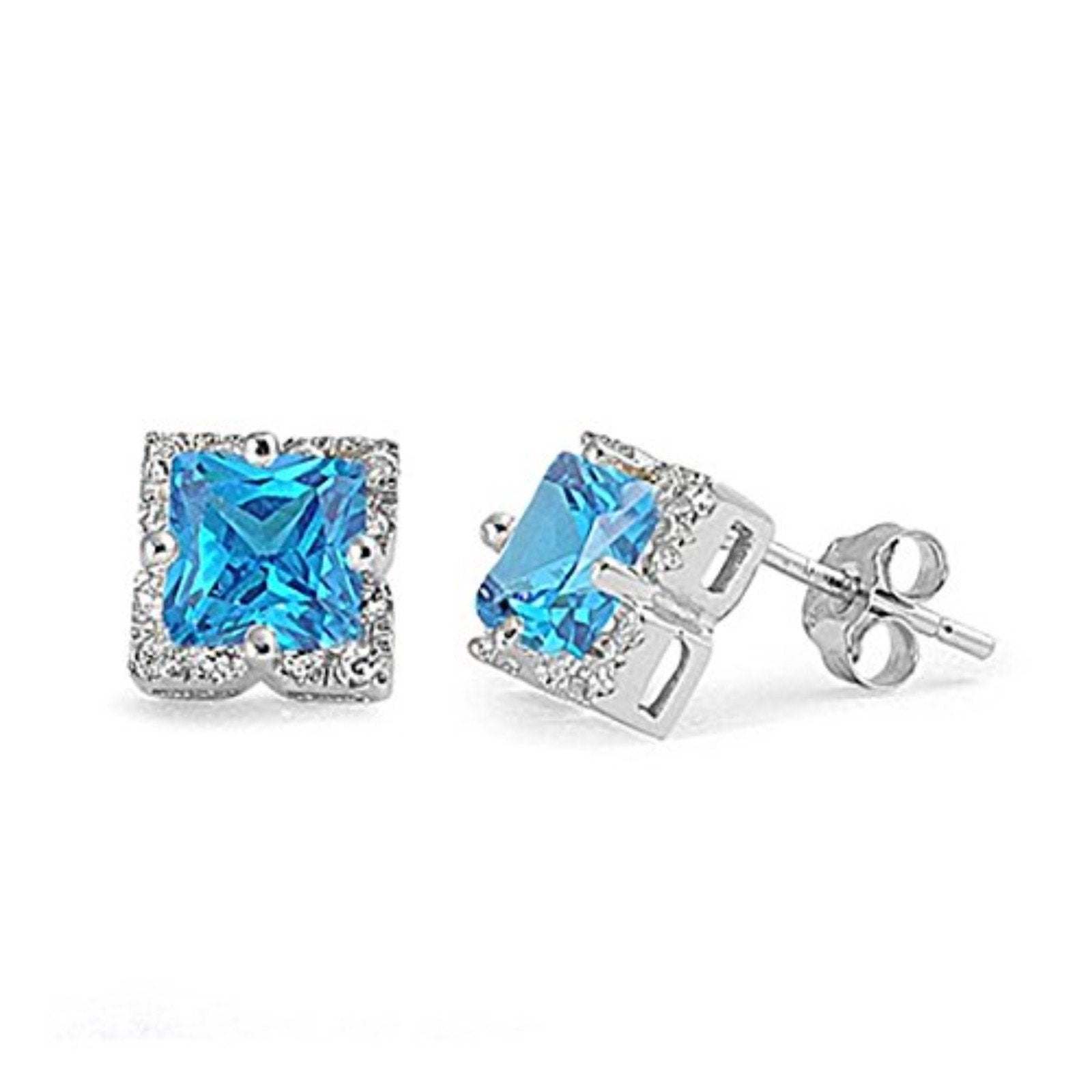 Halo Stud Earrings Princess Cut Simulated CZ 925 Sterling Silver