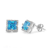 Halo Stud Earrings Princess Cut Simulated CZ 925 Sterling Silver