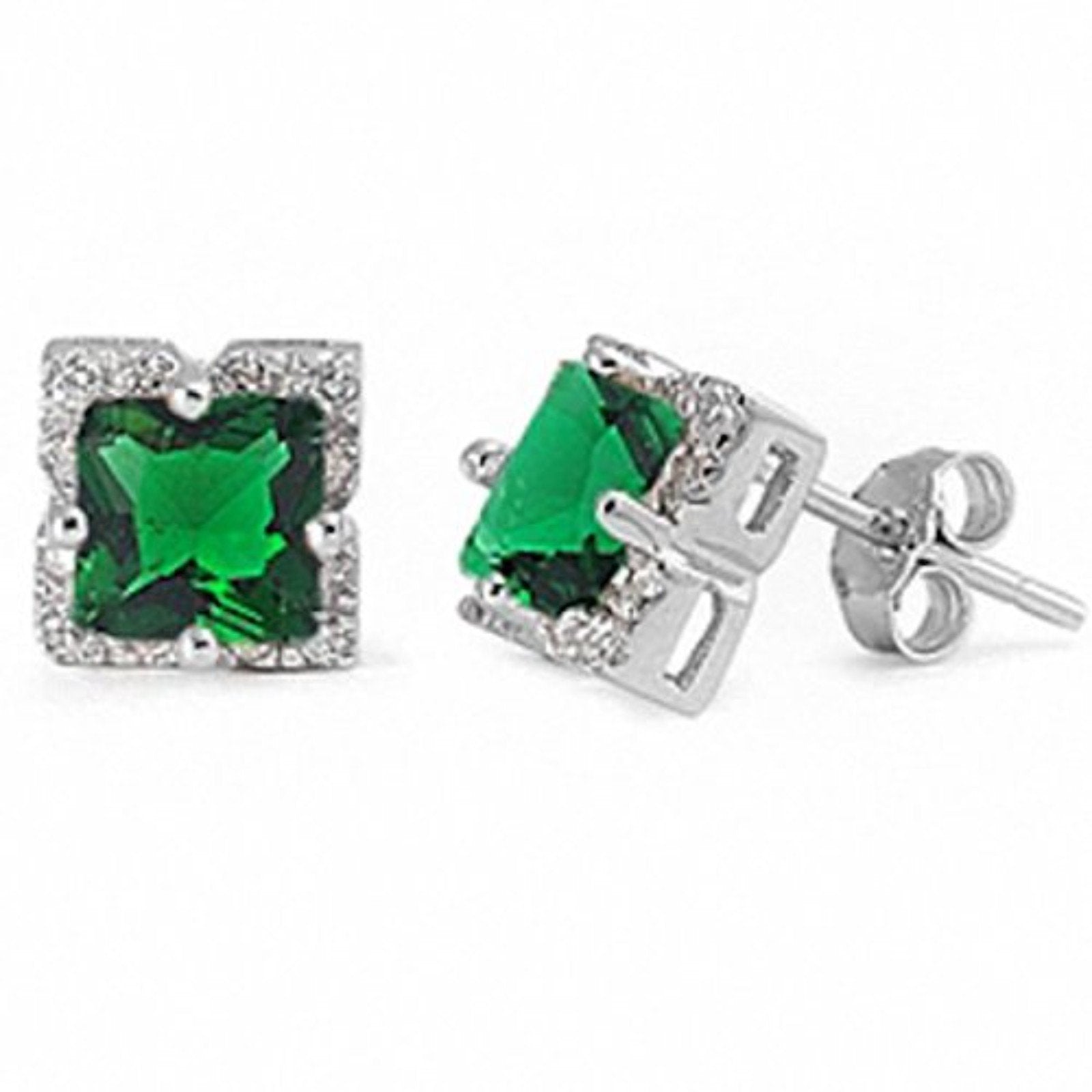 Halo Stud Earrings Princess Cut Simulated CZ 925 Sterling Silver