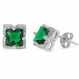 Halo Stud Earrings Princess Cut Simulated CZ 925 Sterling Silver