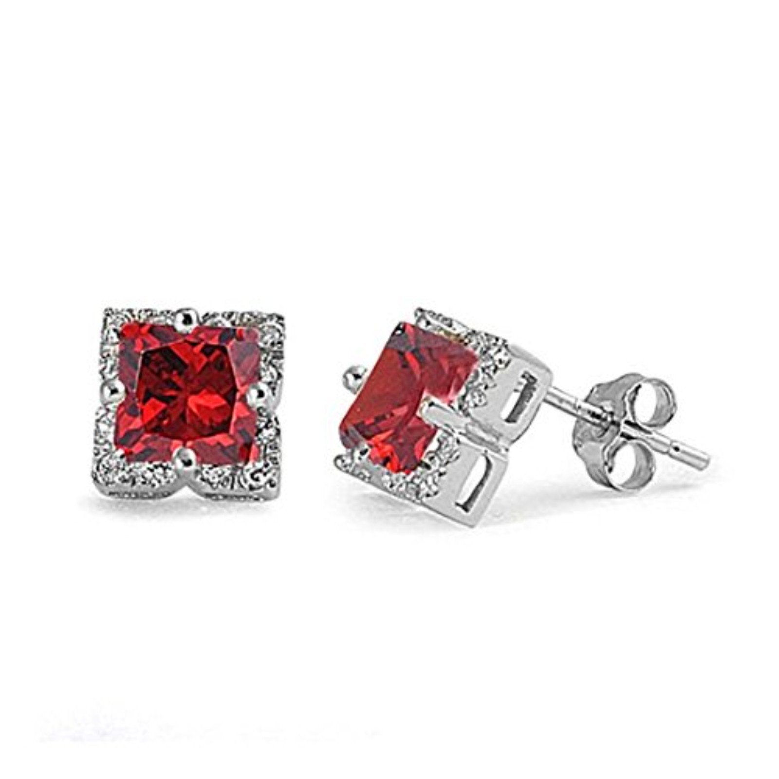 Halo Stud Earrings Princess Cut Simulated CZ 925 Sterling Silver