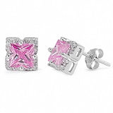 Halo Stud Earrings Princess Cut Simulated CZ 925 Sterling Silver