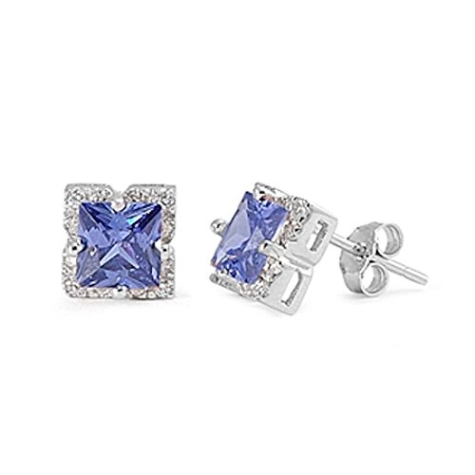 Halo Stud Earrings Princess Cut Simulated CZ 925 Sterling Silver
