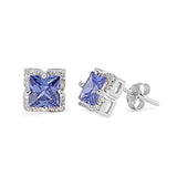 Halo Stud Earrings Princess Cut Simulated CZ 925 Sterling Silver