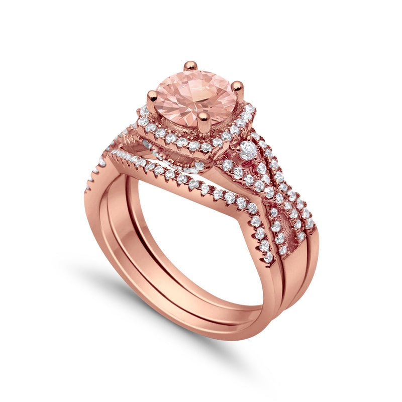 Halo Wedding Trio Piece Ring Simulated Cubic Zirconia 925 Sterling Silver