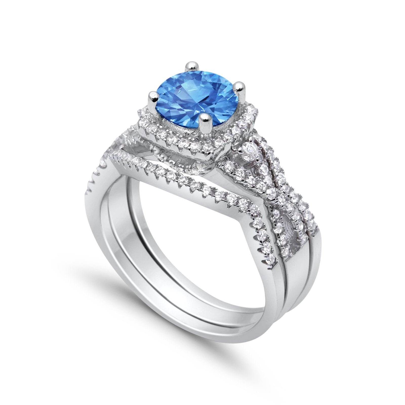 Halo Wedding Trio Piece Ring Simulated Cubic Zirconia 925 Sterling Silver