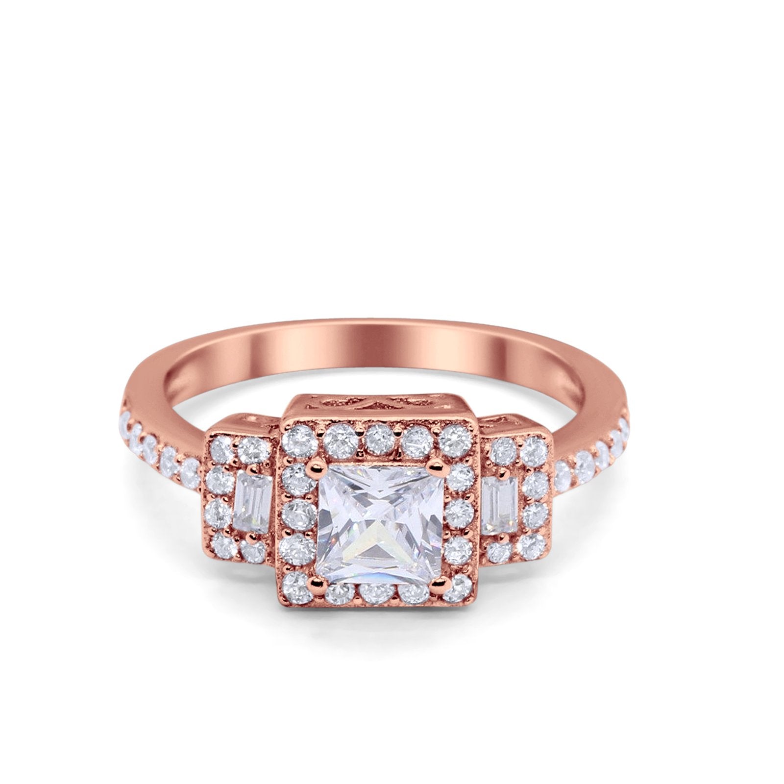 Halo Art Deco Wedding Engagement Ring Princess Cut Round Baguette Cubic Zirconia 925 Sterling Silver