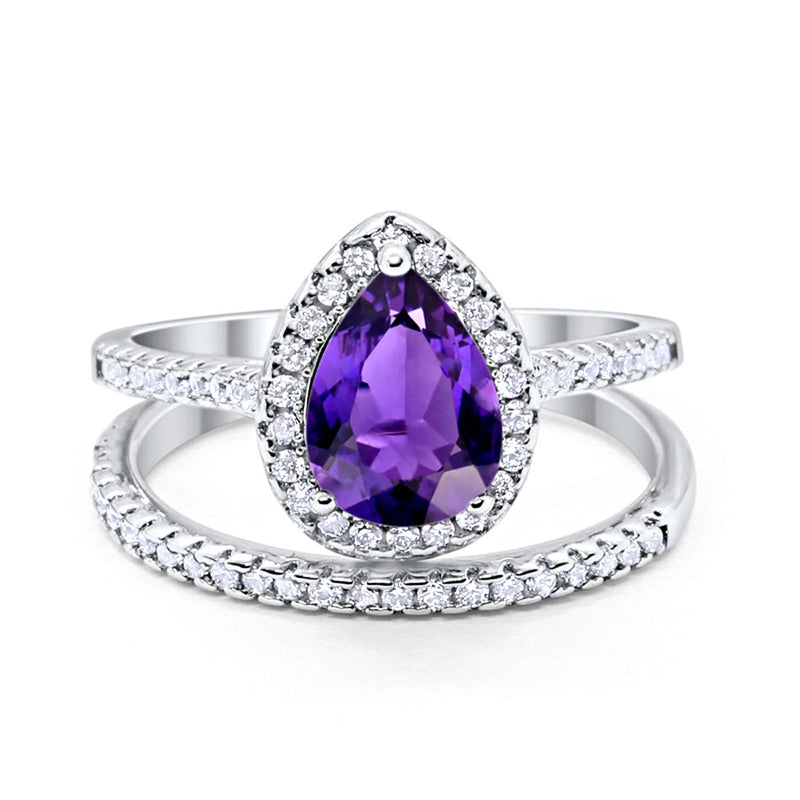 Teardrop Pear Bridal Set Wedding Engagement Ring Band 925 Sterling Silver Round Cubic Zirconia