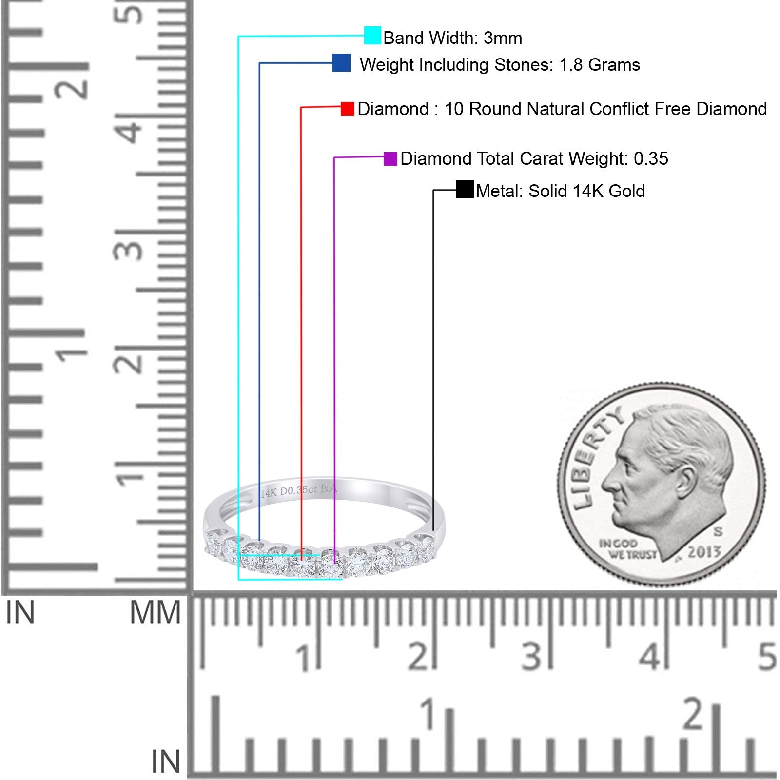 14K Gold 3mm Natural Diamond Wedding Engagement Stacking Eternity Band Ring 0.35ct G SI