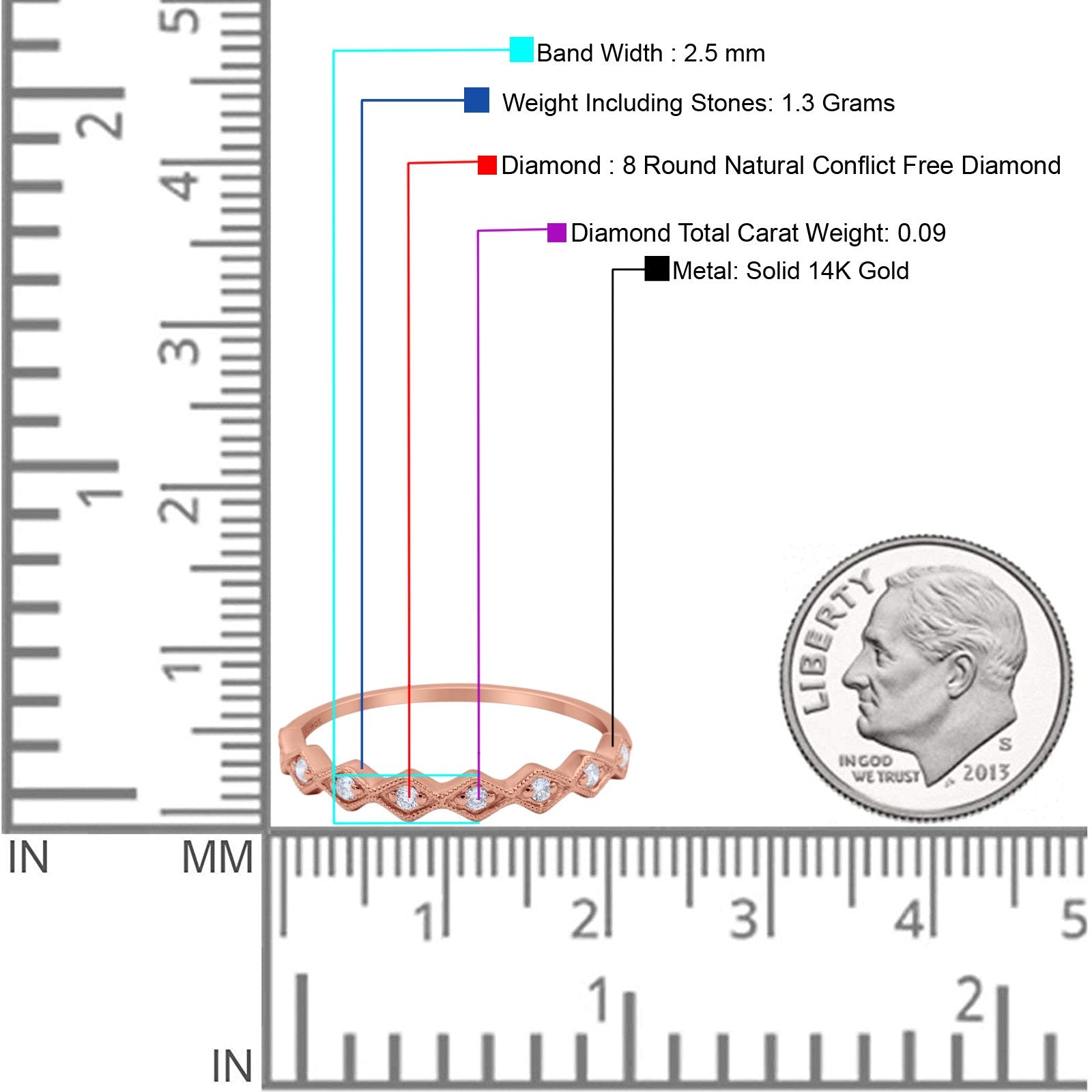14k Gold 0.09ct Round Conflict Free Diamond Half Eternity Marquise Art Deco Stacking 2.5mm Wedding Band Engagement Ring
