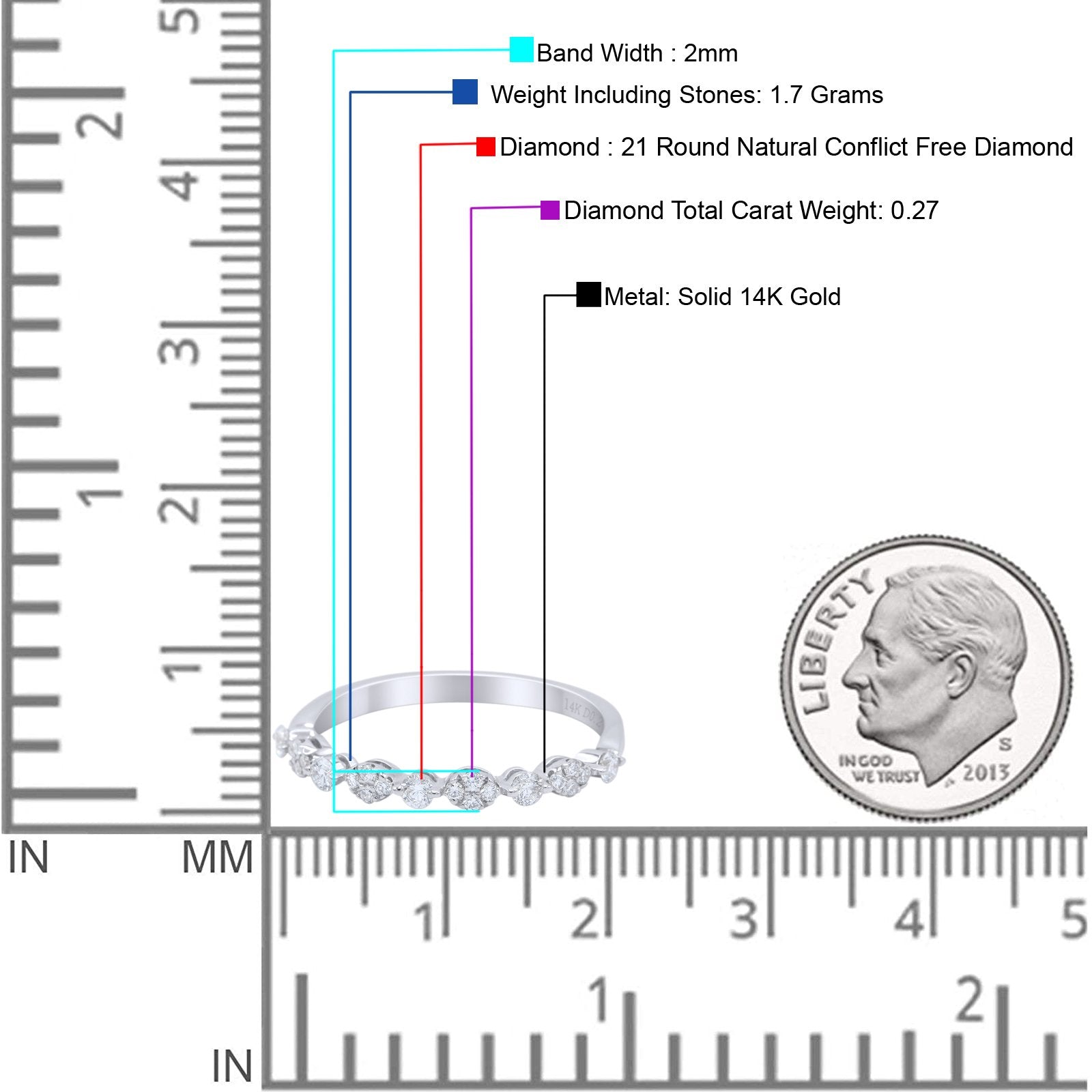 14k Gold 0.27ct Round Conflict Free Natural Diamond 2mm Wedding Stacking Dainty Half Eternity Band Engagement Marquise Art Deco Ring