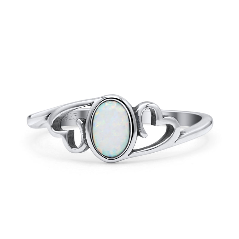 Heart Oval Thumb Ring Oxidized Statement Fashion Ring Band Lab Created Opal 925 Sterling Silver