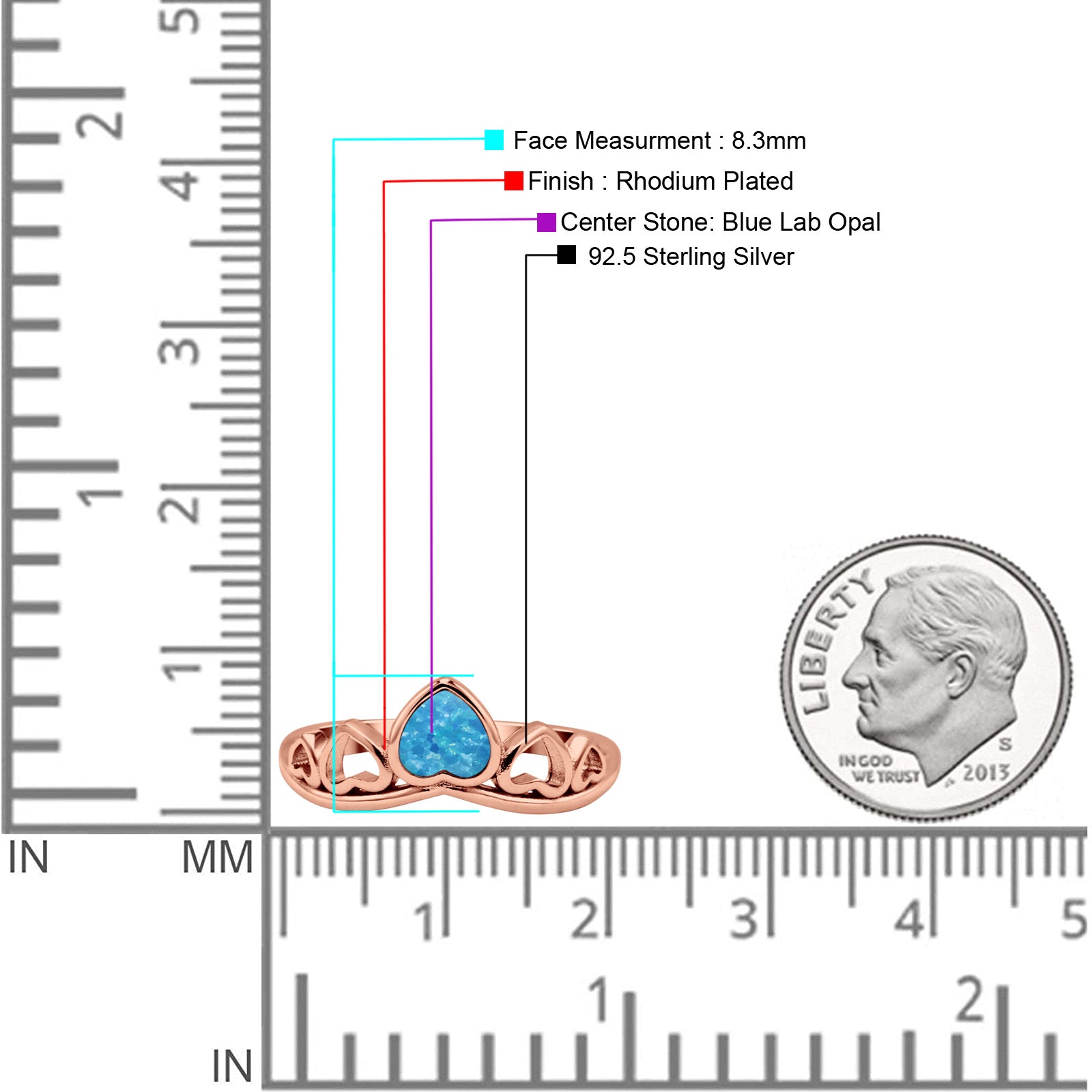 Hearts Statement Fashion Petite Dainty Rhodium Plated Thumb Ring Lab Created Opal Solid 925 Sterling Silver