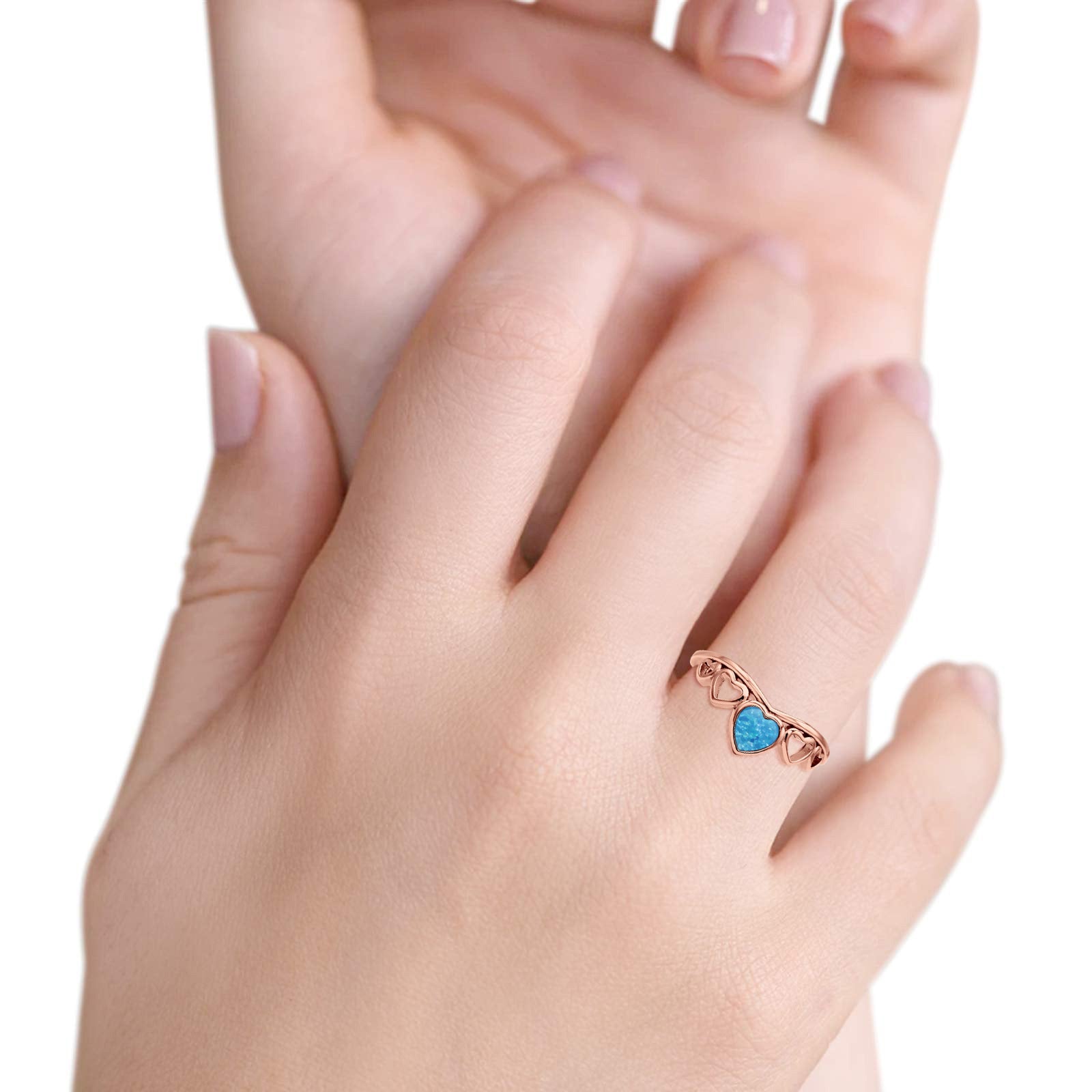 Hearts Statement Fashion Petite Dainty Rhodium Plated Thumb Ring Lab Created Opal Solid 925 Sterling Silver