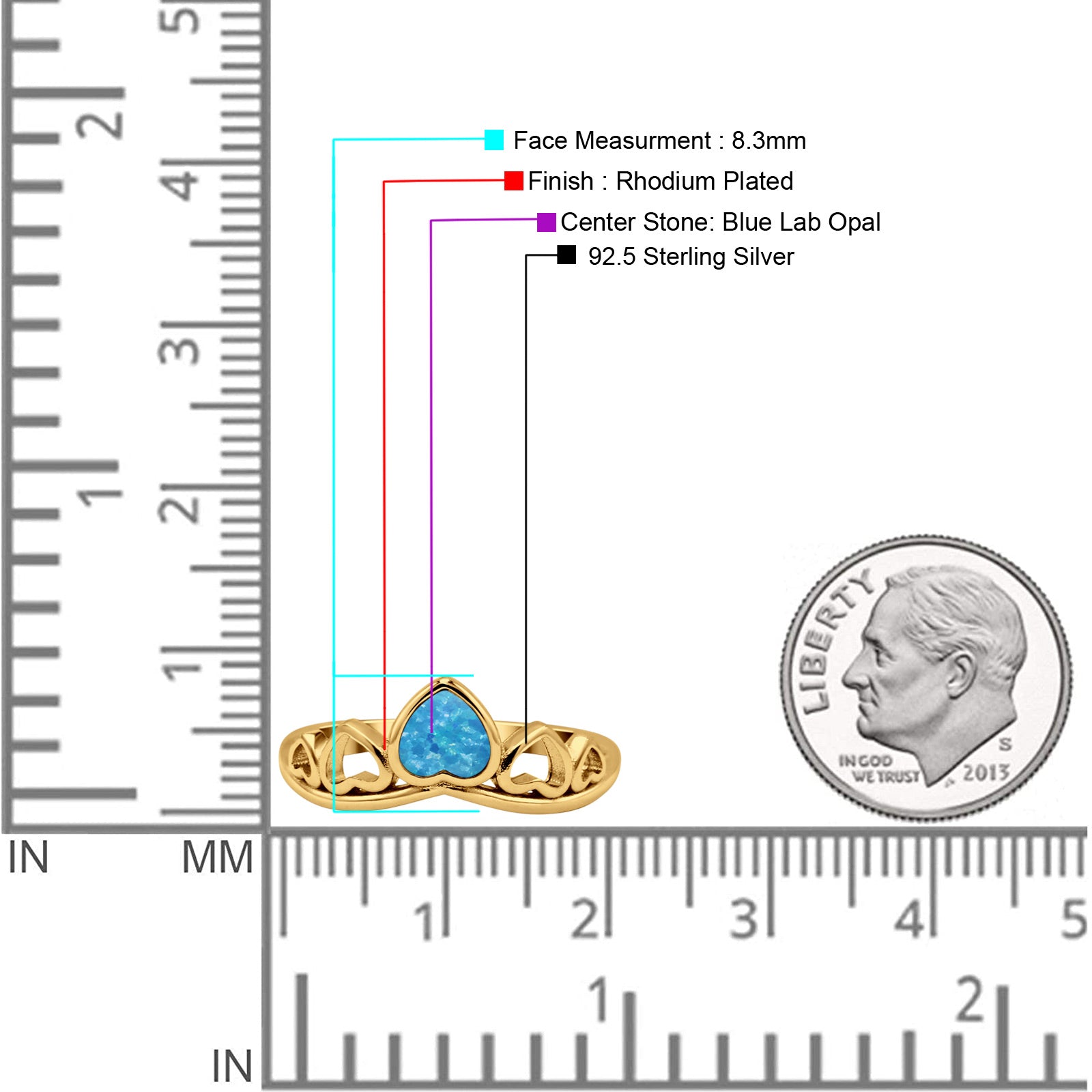 Hearts Statement Fashion Petite Dainty Rhodium Plated Thumb Ring Lab Created Opal Solid 925 Sterling Silver