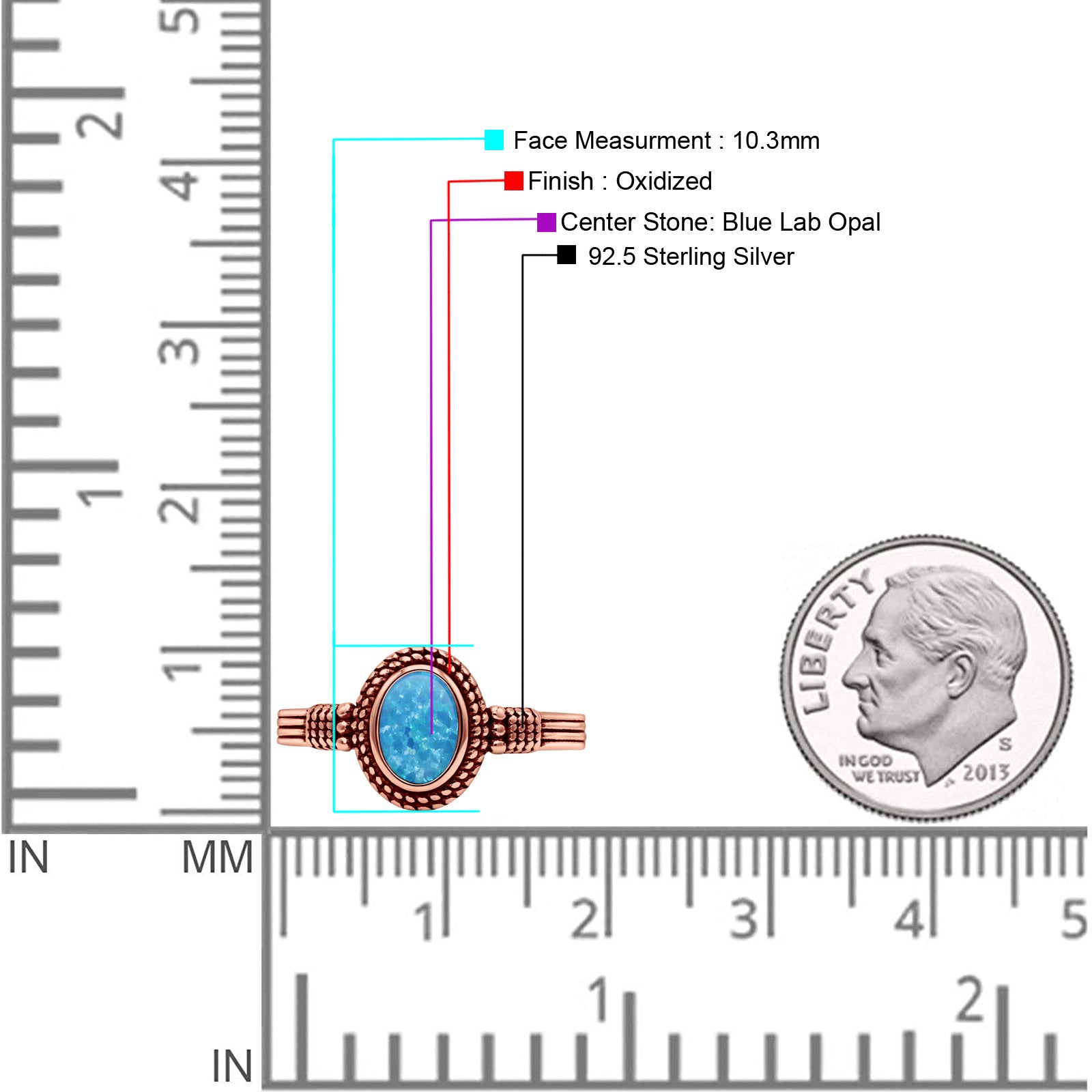 Oxidized Petite Oval Lab Created Opal Ring 925 Sterling Silver