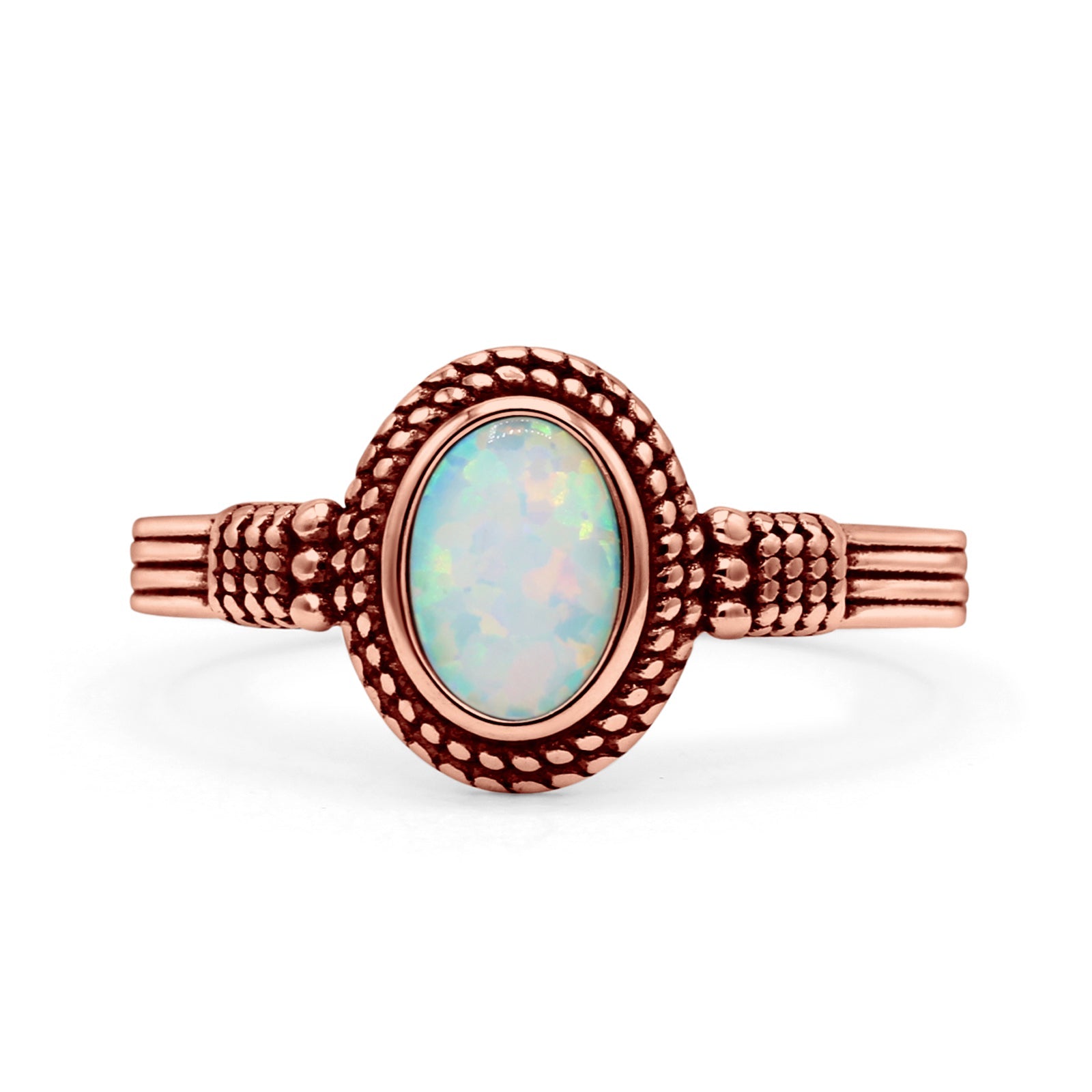 Oxidized Petite Oval Lab Created Opal Ring 925 Sterling Silver