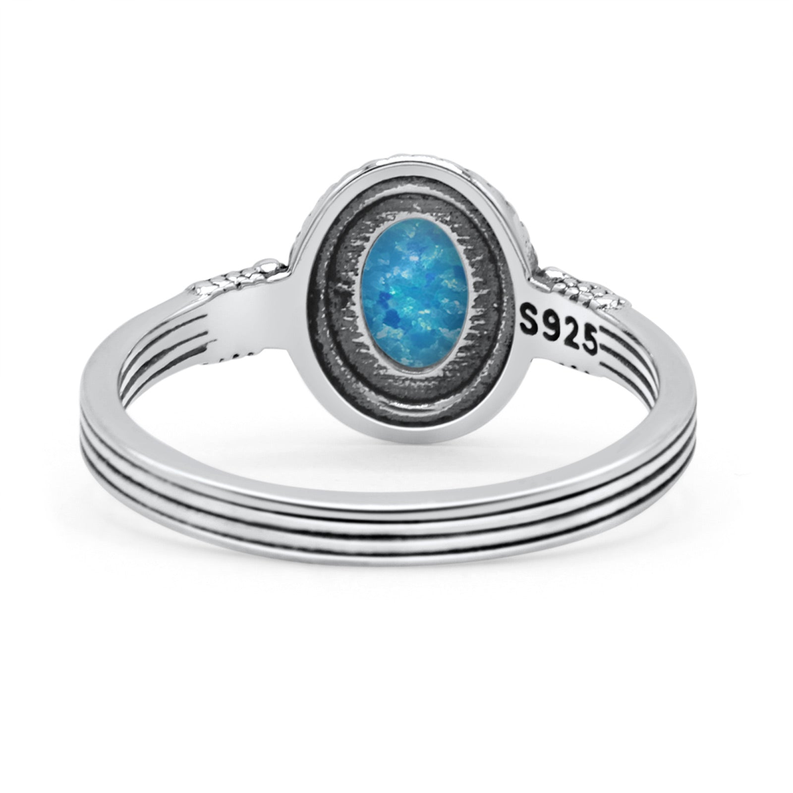 Oxidized Petite Oval Lab Created Opal Ring 925 Sterling Silver