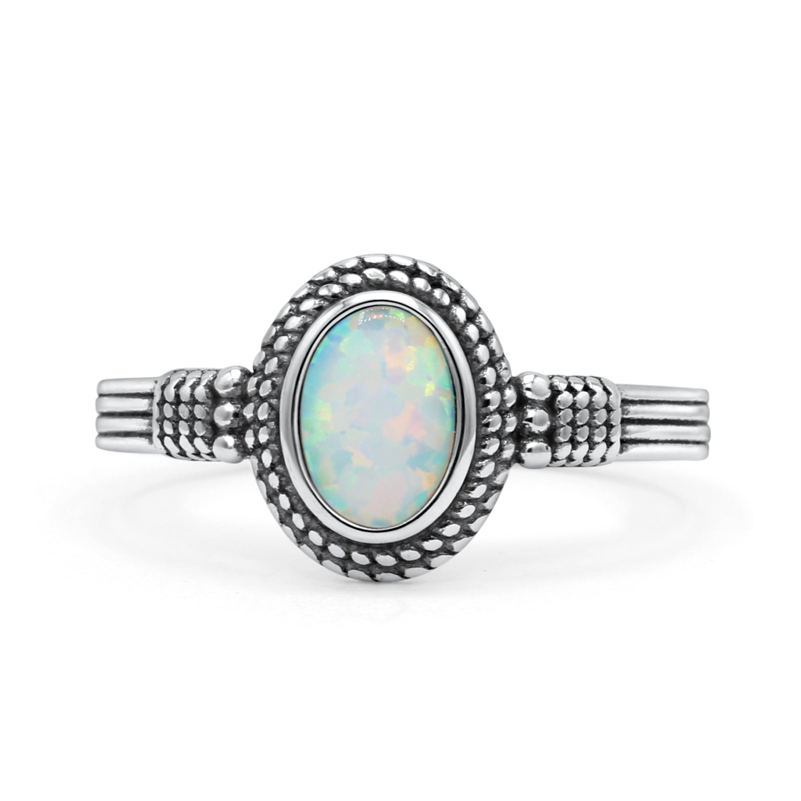 Oxidized Petite Oval Lab Created Opal Ring 925 Sterling Silver