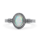 Oxidized Petite Oval Lab Created Opal Ring 925 Sterling Silver