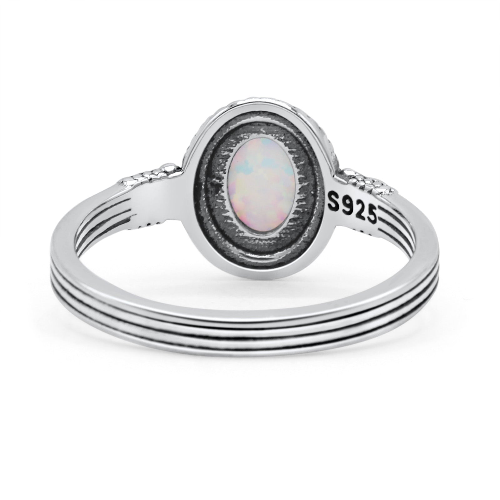 Oxidized Petite Oval Lab Created Opal Ring 925 Sterling Silver