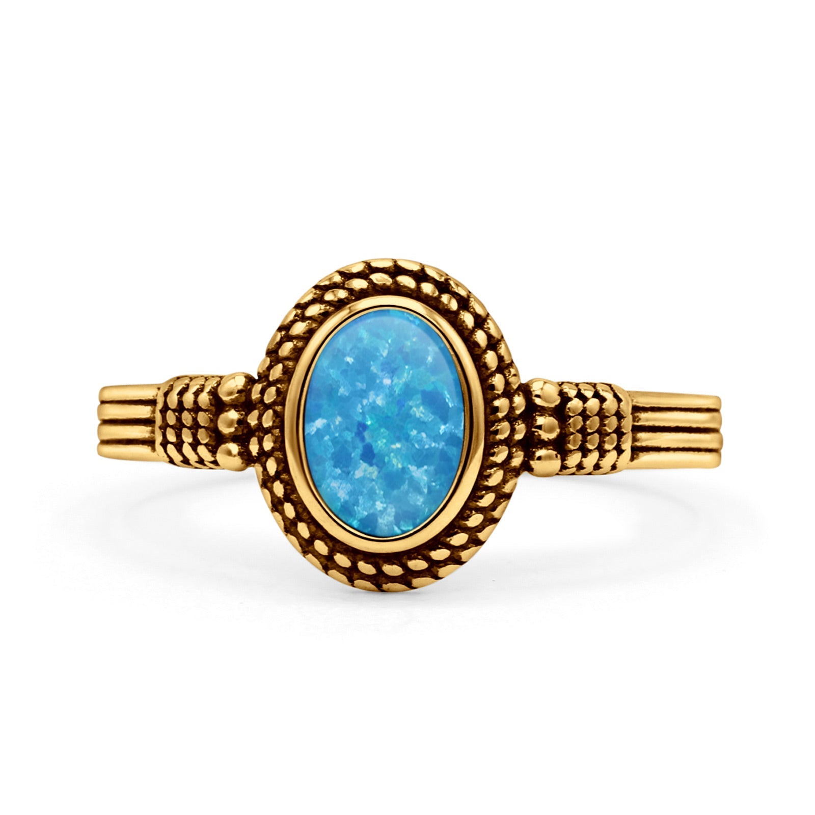 Oxidized Petite Oval Lab Created Opal Ring 925 Sterling Silver