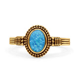 Oxidized Petite Oval Lab Created Opal Ring 925 Sterling Silver