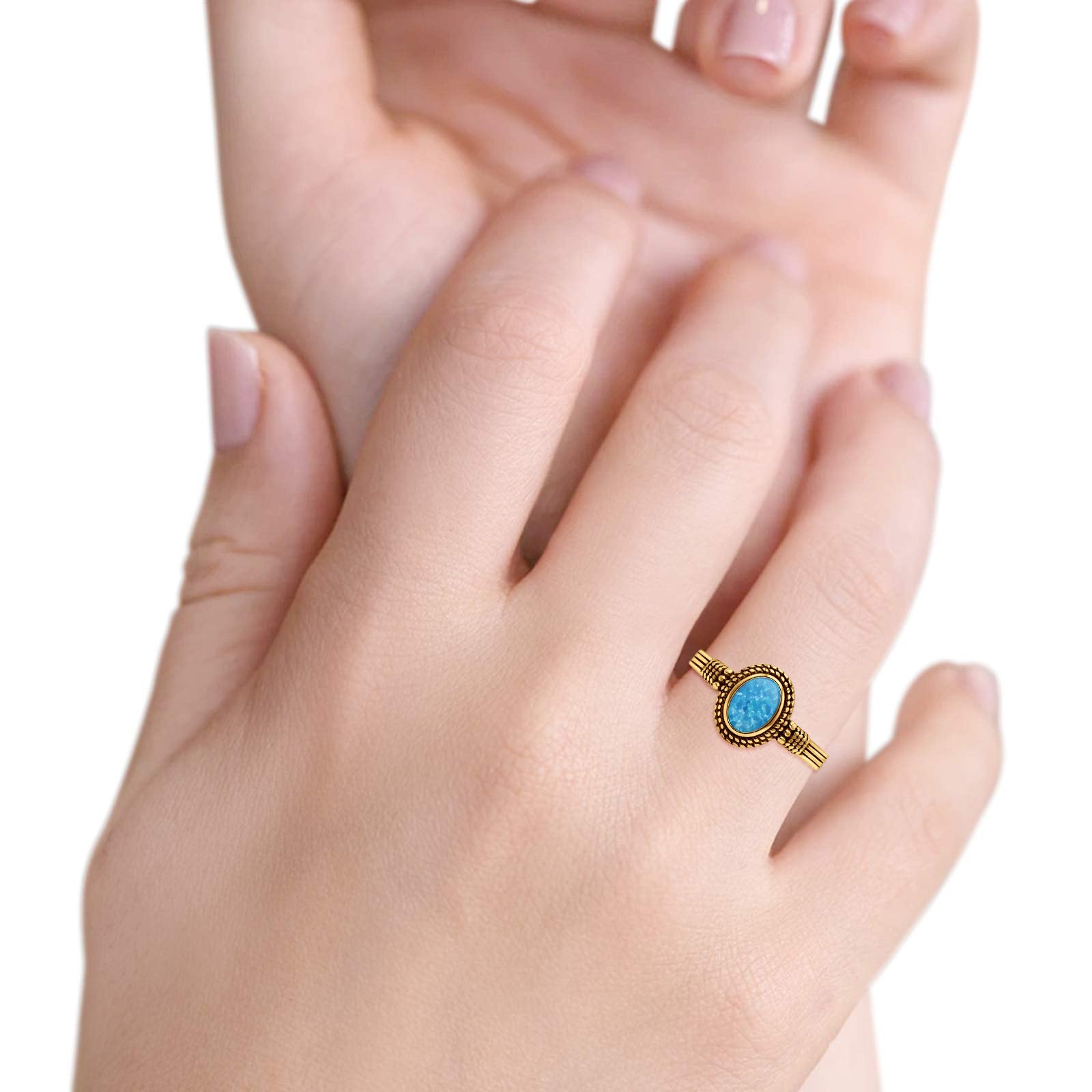 Oxidized Petite Oval Lab Created Opal Ring 925 Sterling Silver