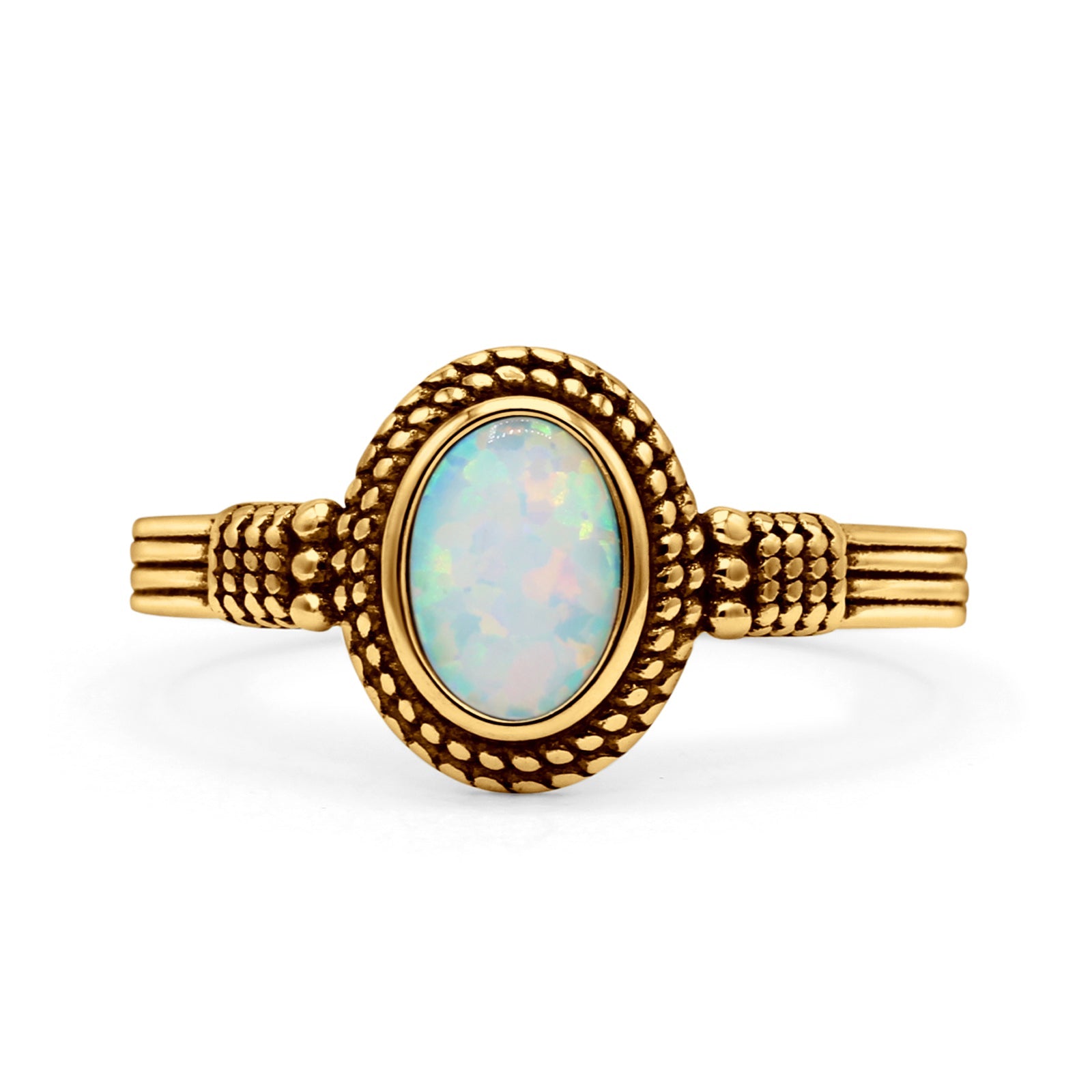 Oxidized Petite Oval Lab Created Opal Ring 925 Sterling Silver