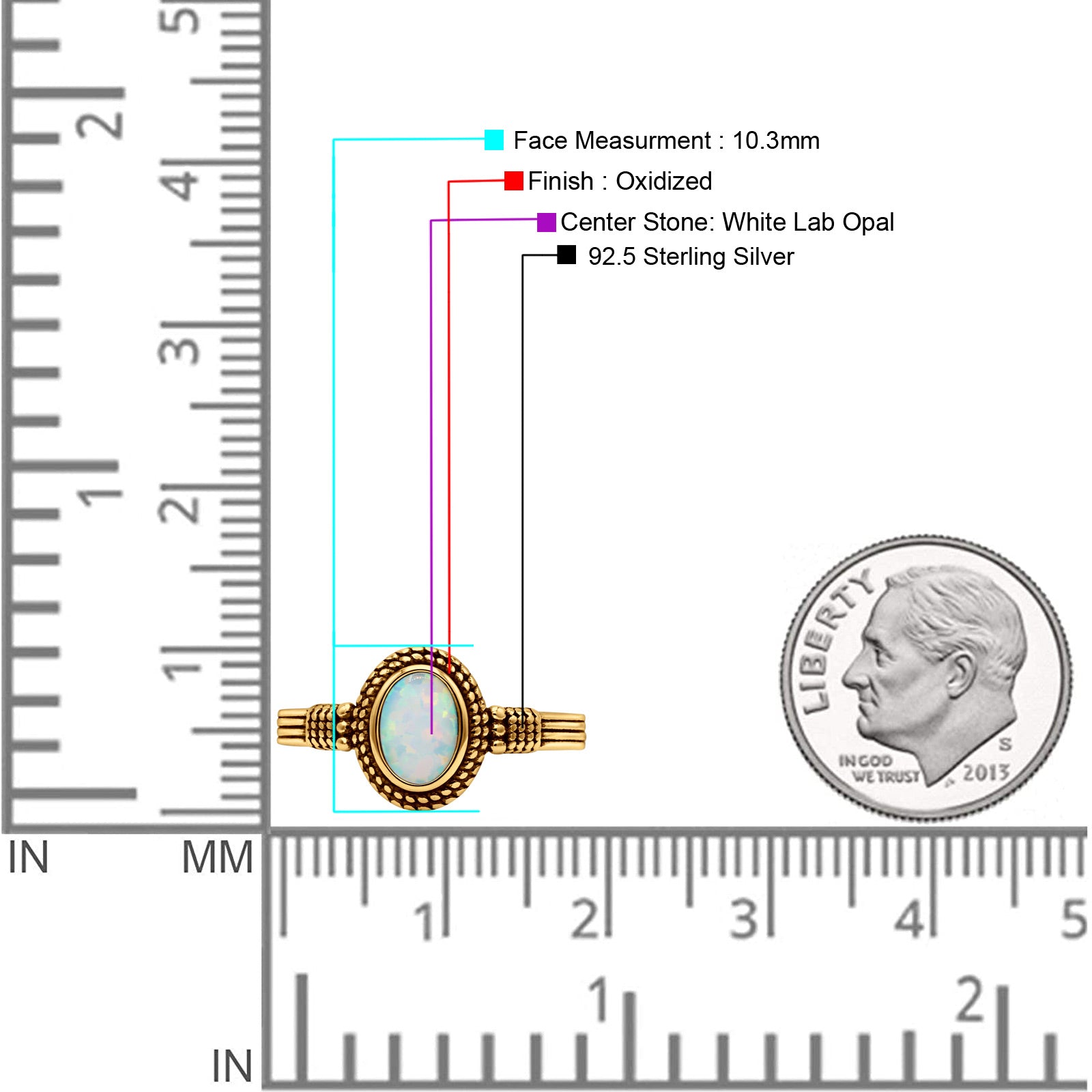 Oxidized Petite Oval Lab Created Opal Ring 925 Sterling Silver