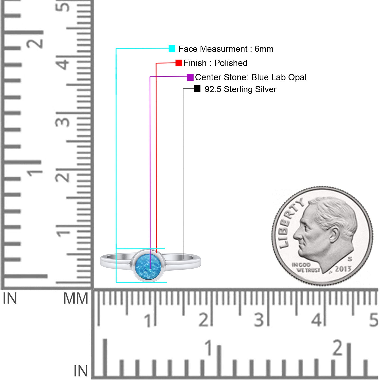 Round 6mm Thumb Ring Statement Fashion Ring Plain Band 925 Sterling Silver Petite Dainty Created Opal