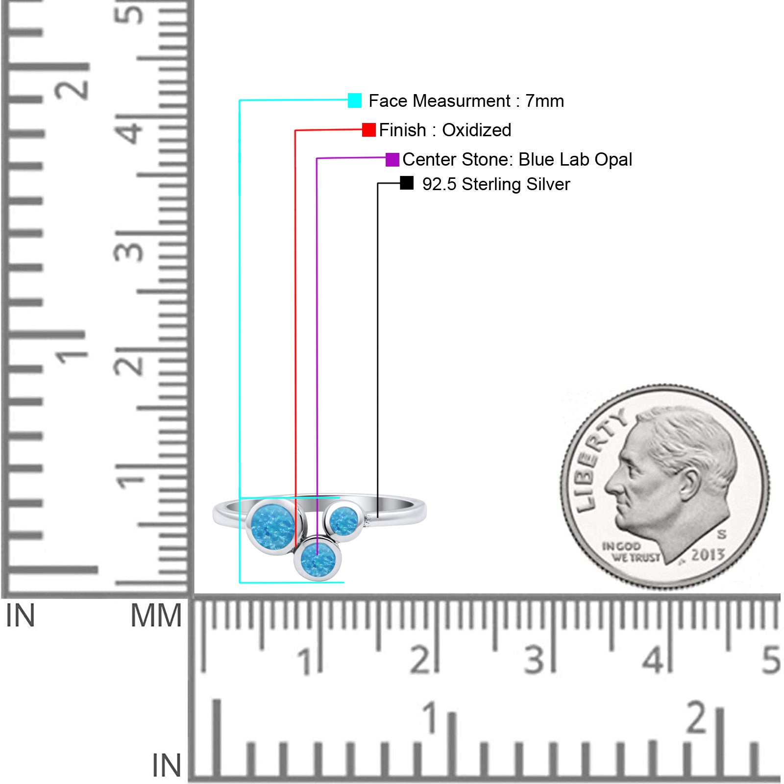 Three-Stone Lab Created Opal Ring 925 Sterling Silver